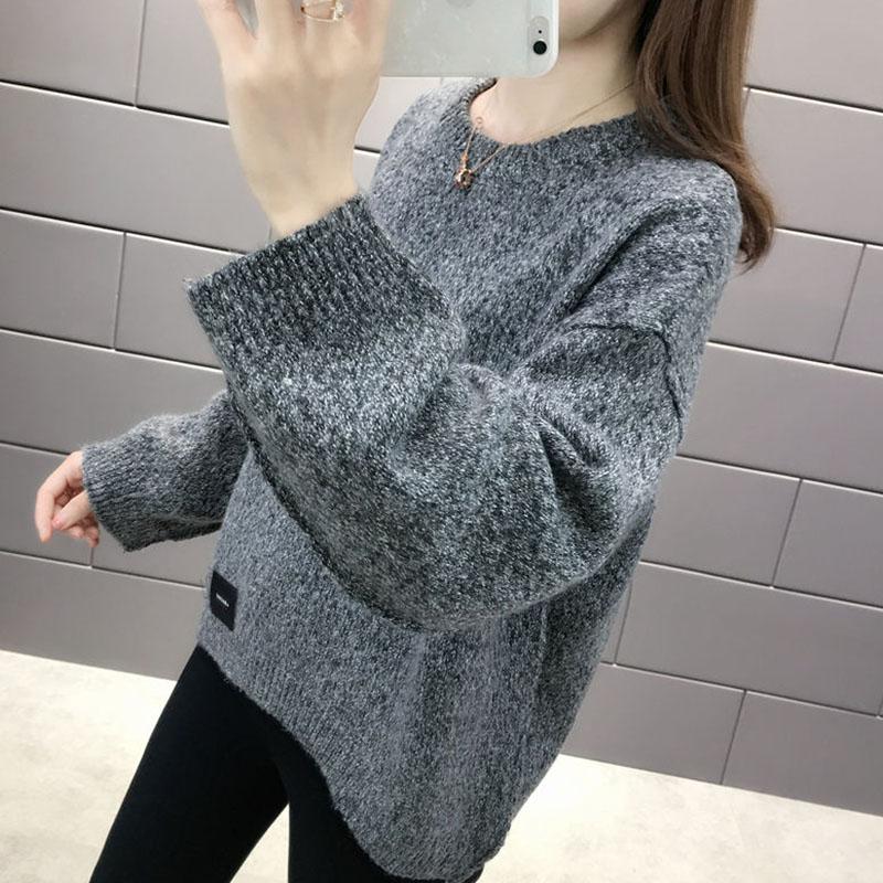 Autumn and Winter Loose Casual Sweater Round Neck Solid Color Simple Top Long Sleeve Women's Sweater