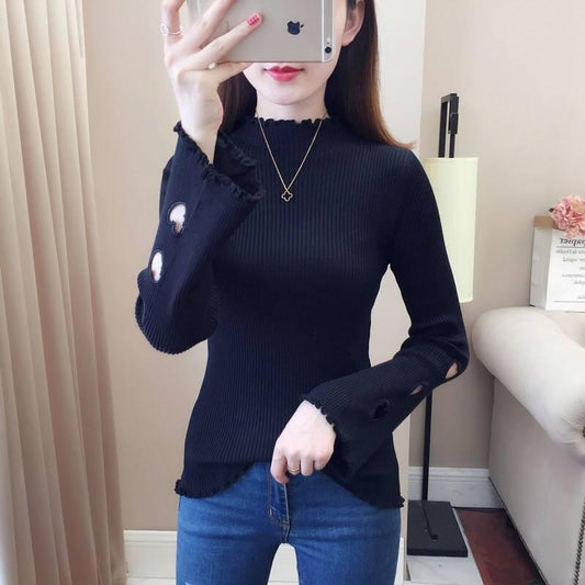 Half Turtleneck Sweater Pullover Autumn and Winter Flared Sleeves Love Hollow Design Slim Top