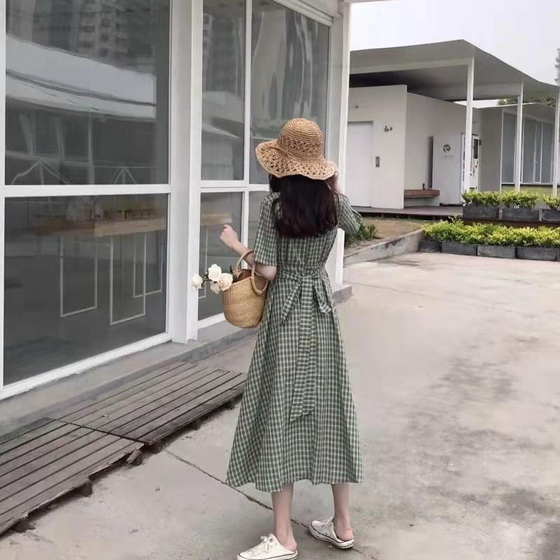 Dress Women Plaid V-neck long Sleeve Loose Fashion Leisure Sweet Korean Style Backless Lace-up Chic Student Ulzzang All-match