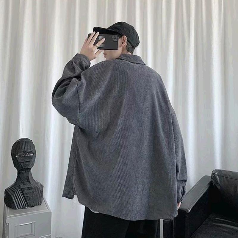 Men's Warm Corduroy Long Sleeve Shirt Men's Loose Retro Casual Shirt Tide Brand Loose Undershirt Black Jacket