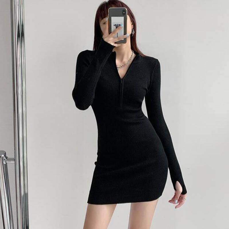 Sexy Half-high Collar Short Skirt with Hips Female Spring Summer Long-sleeved Knitted Little Black Dress Tight Dress