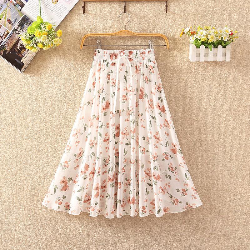 Floral Skirt Women's High Waist Mid-length Summer Fashion Casual Printed Chiffon Skirt