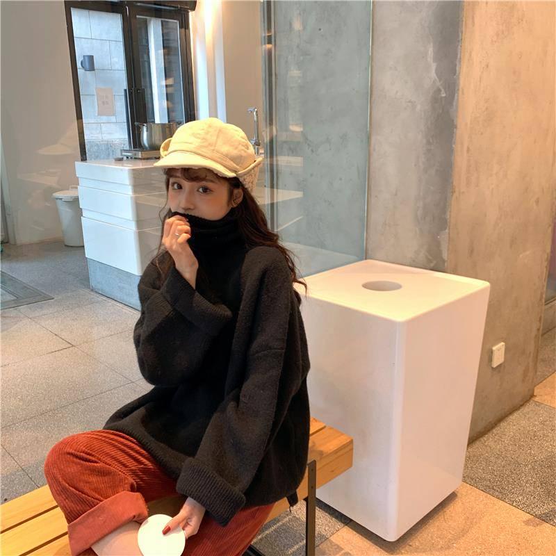 Winter Thick Solid Color Turtleneck Sweater Women Loose Pullover Wild Split Knit Jacket