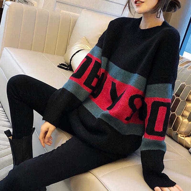 Autumn/winter Fashion Striped Bottoming Shirt Mid-length Loose-fitting Outer Sweater Long-sleeved Splicing Color Top Coat