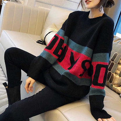 Autumn/winter Fashion Striped Bottoming Shirt Mid-length Loose-fitting Outer Sweater Long-sleeved Splicing Color Top Coat