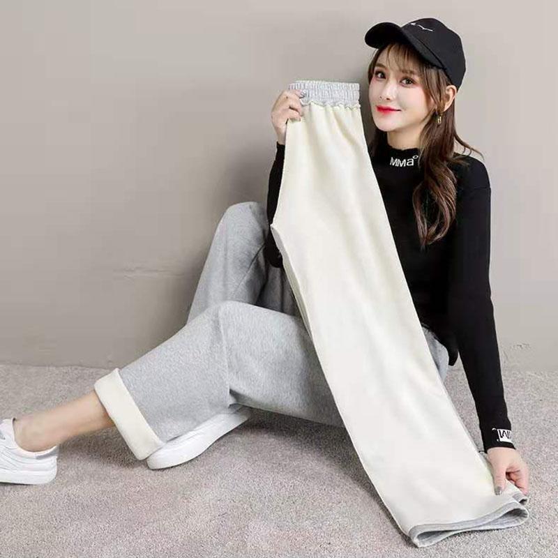 Plush Fleece Trousers Women's Outer Wear Autumn and Winter Thick Loose Korean Style Straight High Waist Casual Sports Pants Drape Wide-legged Tide