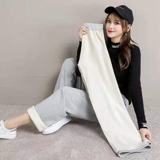 Plush Fleece Trousers Women's Outer Wear Autumn and Winter Thick Loose Korean Style Straight High Waist Casual Sports Pants Drape Wide-legged Tide