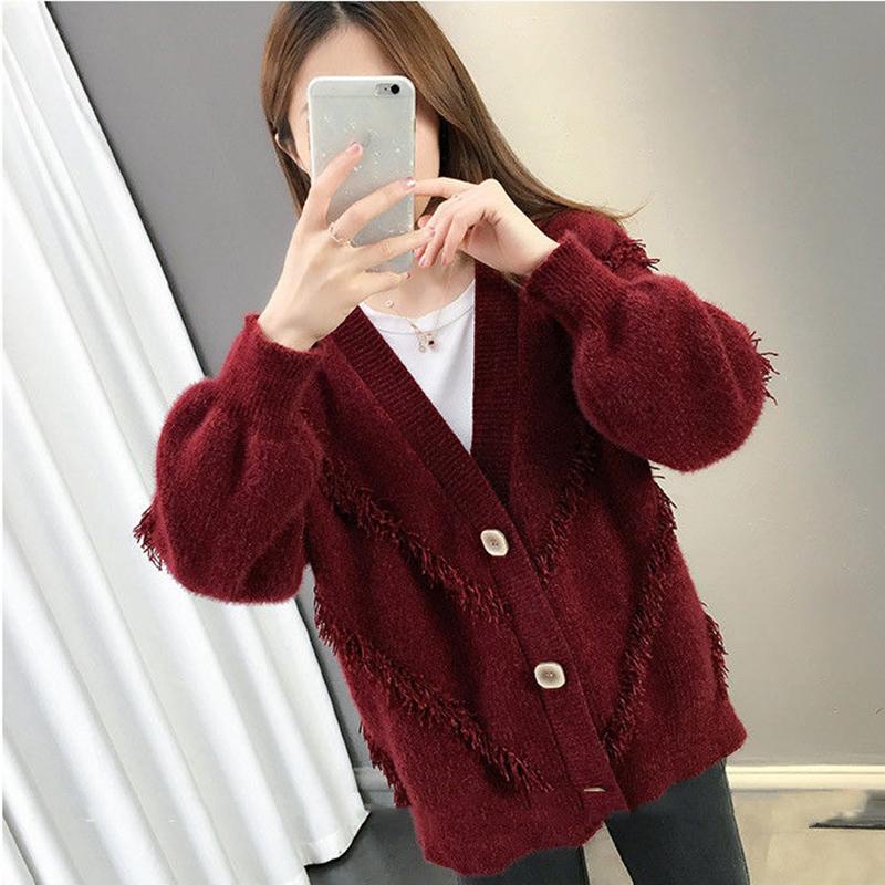 Mink Fleece Solid Color Sweater Coat Loose Knit Cardigan Top V-neck Long-sleeved Warm Sweater Coat Soft and Comfortable