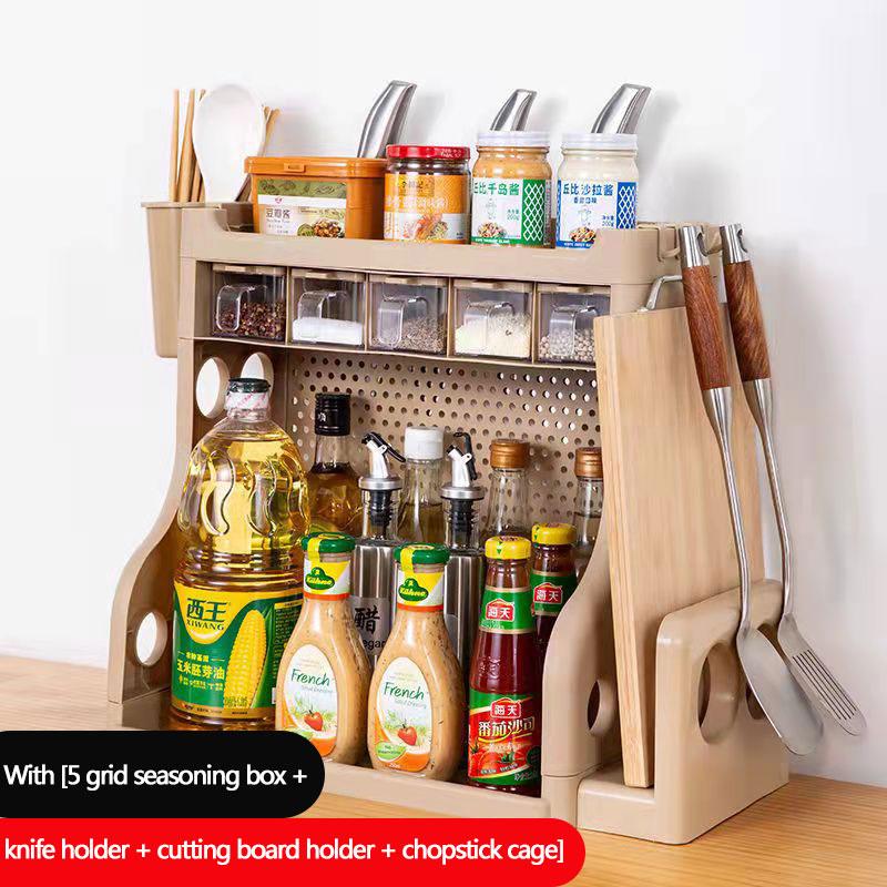 Spice Rack Kitchen Rack Free Punch Storage Rack Plastic Multi-function Spice Box Set Knife Rack Cutting Board Rack Kitchen Organizer