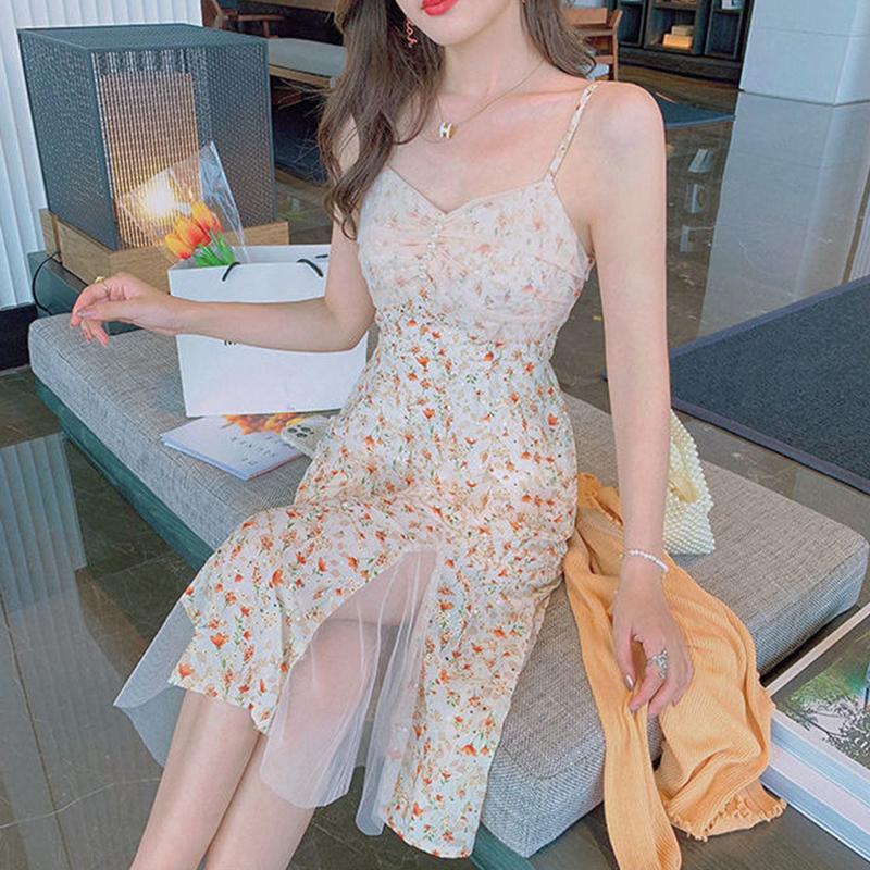Floral Sling Dress Female Spring Summer Casual V-neck Sleeveless Mid-length Casual  Comfortable