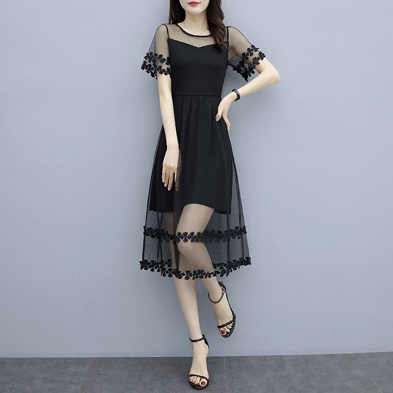 Large Size M-XXXXXL Summer Black Chiffon Stitching Laced Neckline Round Yarn Flower A-line Dress