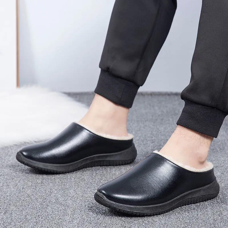 Women Unisex Winter Home Slippers Leather Waterproof Non Slip Slippers Plush Warm Indoor
