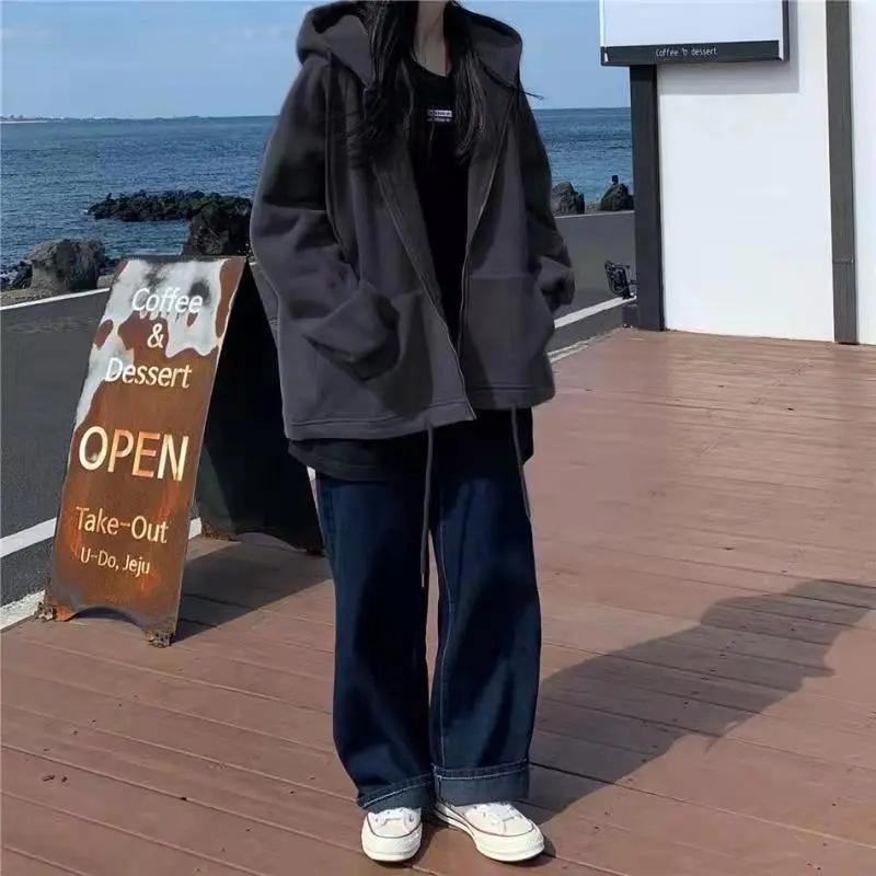 Women's Cardigan Sweater Autumn and Winter Korean Style Loose Plus Velvet Thick Zipper Hooded Coat Casual Sports Jacket