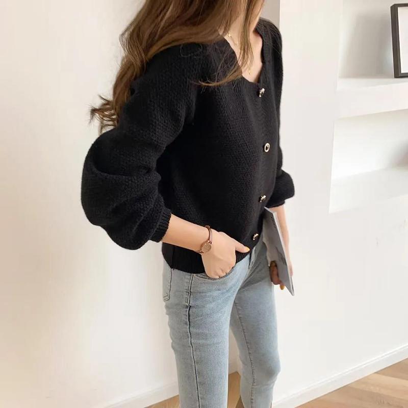 Spring, Autumn and Winter Outer Wear Square Neck Long-sleeved Pullover Sweater Women Loose and Thin Short Knit Sweater Women's Top All-match