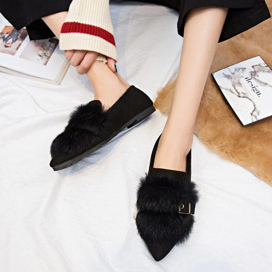 Autumn and Winter Plush Single Shoes Autumn Pointed Toe Plush Shoes Women's Winter Flat Shoes Peas Shoes Pedal Moccasins