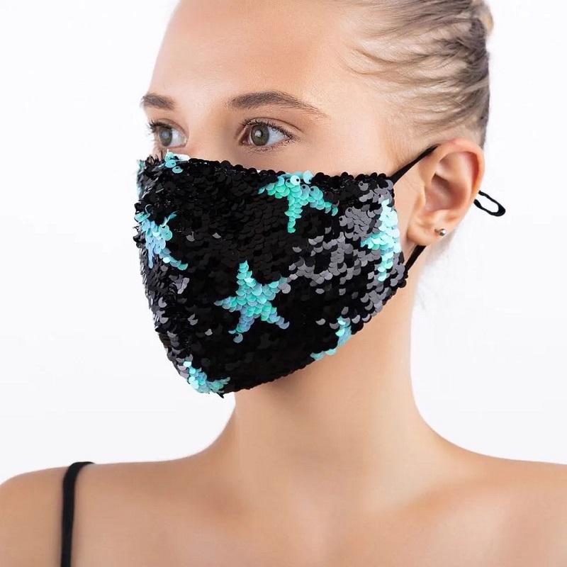 Women's Five-pointed Star Sequined Mask Cotton Breathable Washable Mask Shiny Sequins Luxury Windproof Dustproof Face Mask Female Face Mouth Cover
