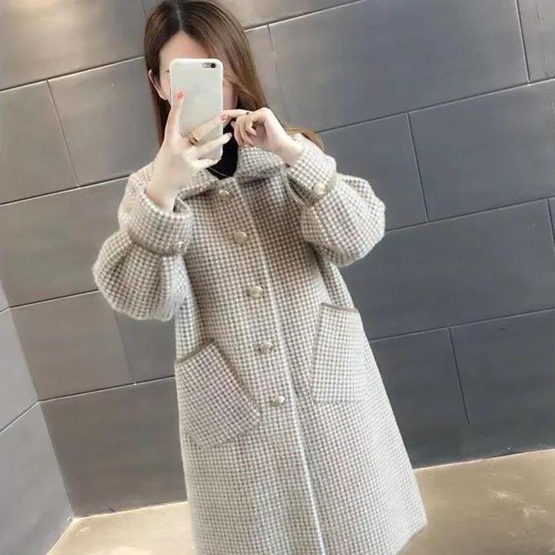 Mink Velvet Mid-length Coat Women's Autumn and Winter Knitted Cardigan Loose Plaid Coat