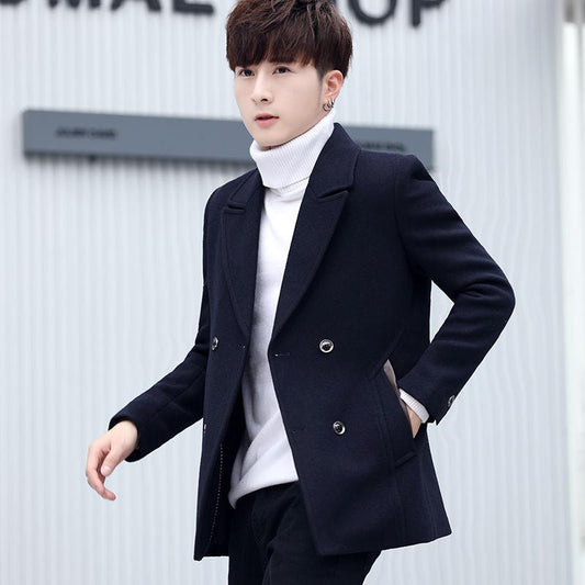 Fashion Trend Slim Men's Windbreaker Short Suit Collar Double-breasted Woolen British Style Wool Coat