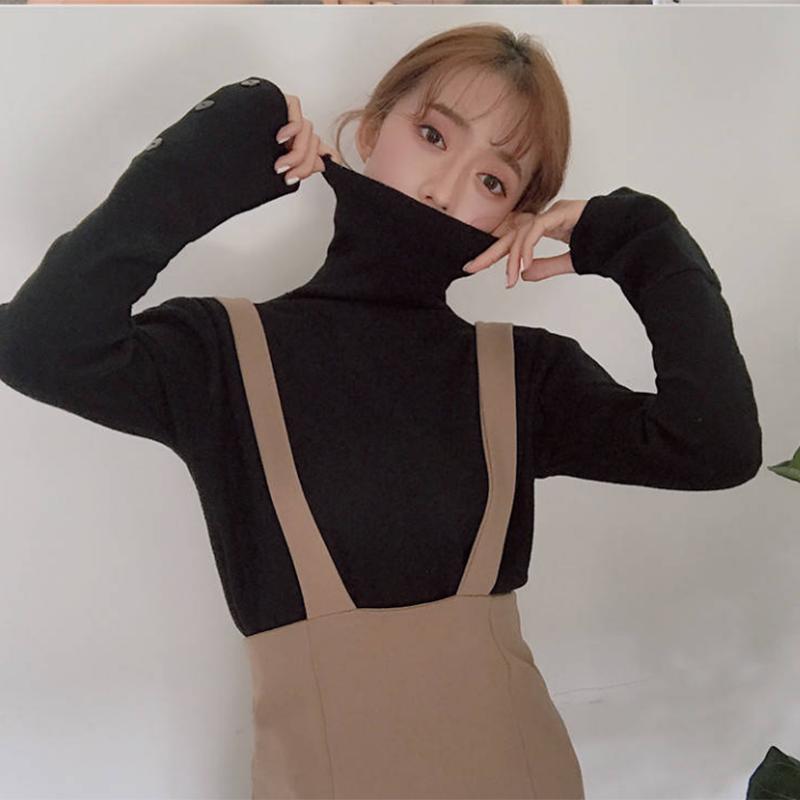 Pofulove Shirt Stacked Collar Black Long Sleeve Thicken Pullover Sweater Turtleneck Bottoming