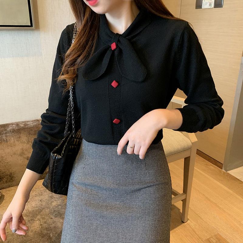 Women's Thick Slim Bottoming Shirt Autumn Winter Long-sleeved Was Thin Knit Sweater Bow