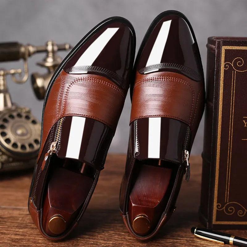 Men's Leather Shoes Business Zipper Stitching Dress Shoes Casual Youth Slip-on Leather Shoes Wedding All-match Shoes Breathable and Wear-resistant