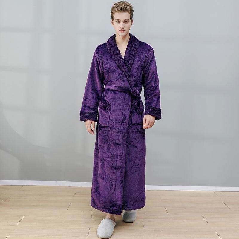 Luxury Nightgown Men's Autumn and Winter Long Coral Fleece Thick Warm Flannel Bathrobe Zipper Home Pajamas Skirt