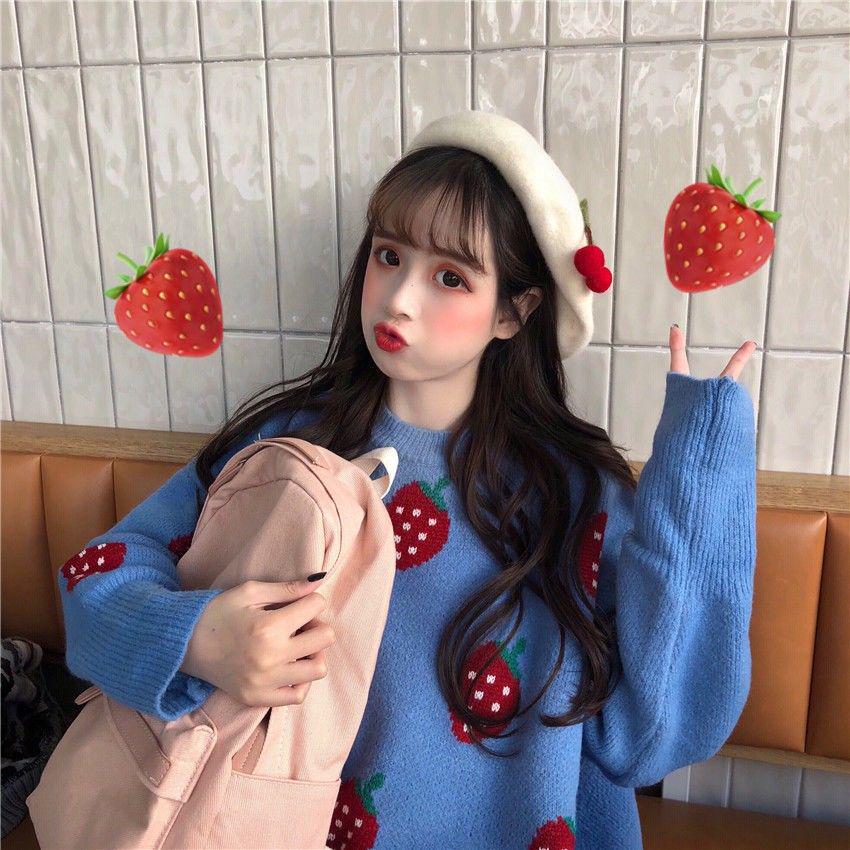 Women's Loose Sweet Cute Strawberry Pattern Sweater Round Neck Pullover Knitted Sweater