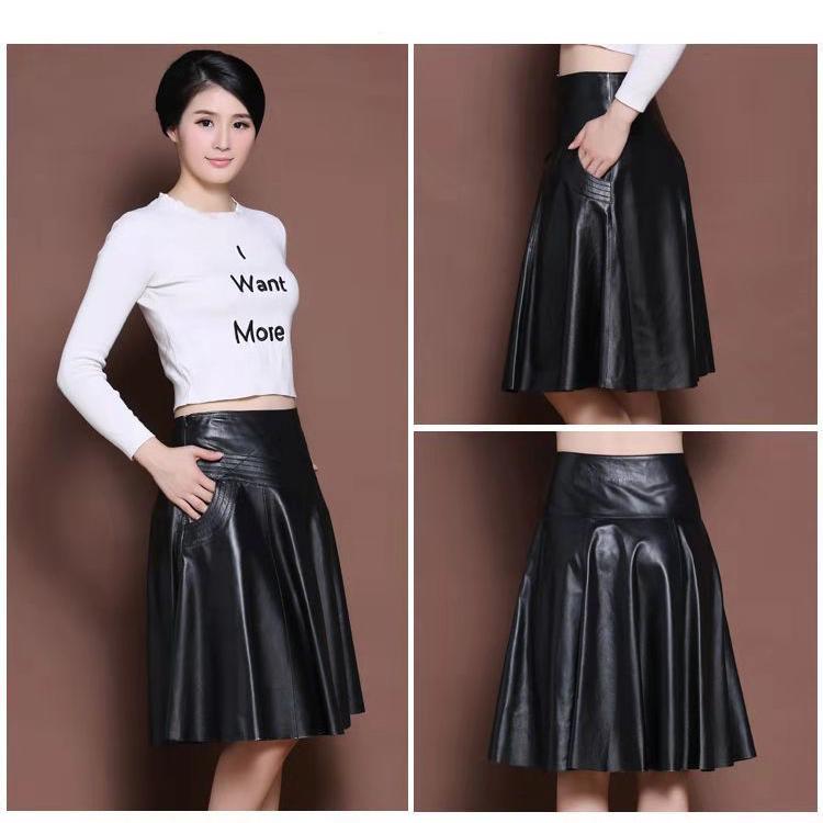 Women Spring Autumn PU Leather Skirts Lady High Waist A-line Skirt Midi Length Black Skirt Women