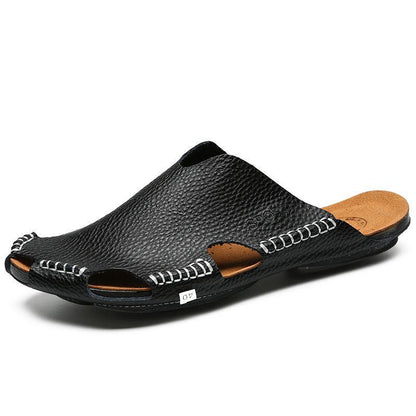 Men Sandals Beach Shoes Summer Drain Leather Wading Shoes On Surf Quick -Drying Skin Slip -On Light