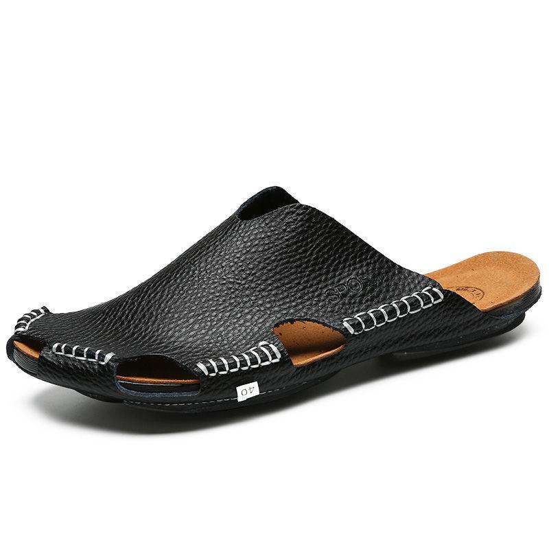 Men Sandals Beach Shoes Summer Drain Leather Wading Shoes On Surf Quick -Drying Skin Slip -On Light