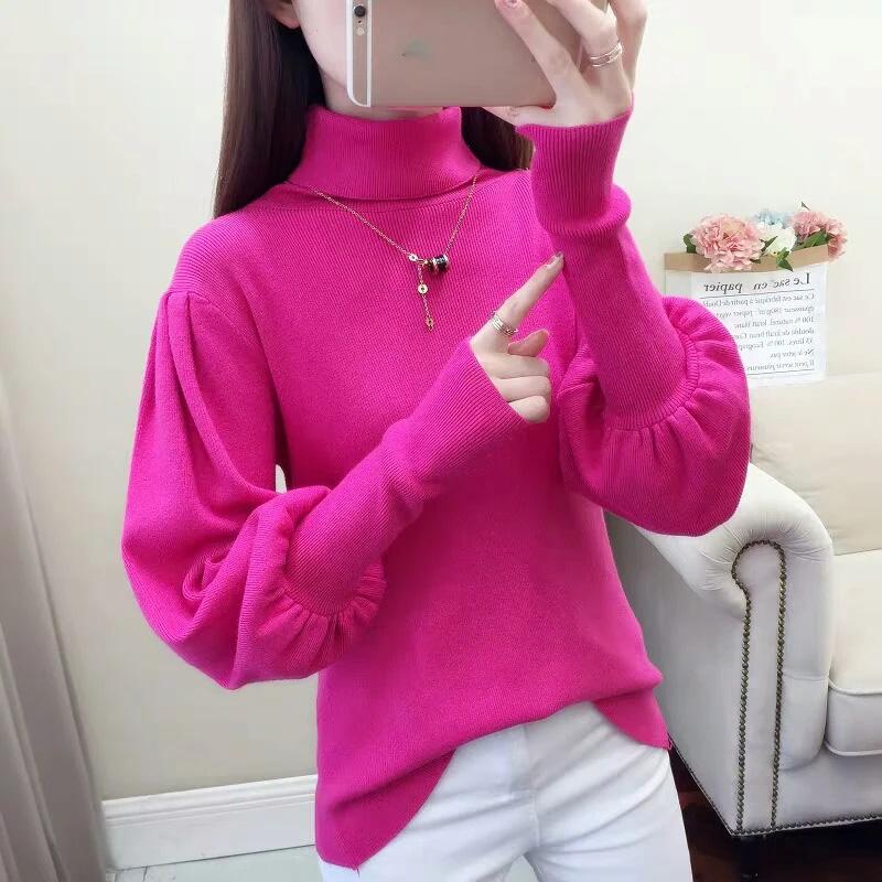 Women's Lantern Sleeve Turtleneck Sweater Autumn Winter Knitted Sweater Top Loose Solid Bottoming Shirt Casual Rabbit Fur Pullover Knitwear Warm Cloth