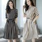 All-match Thin High Waist Skirt Temperament Lady Dress with Pockets In The Long Striped High Waist Dress Thin Elegant Round Neck Retro