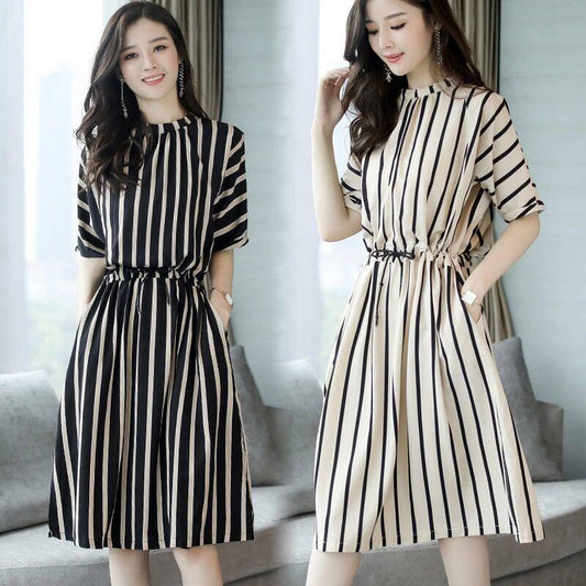 All-match Thin High Waist Skirt Temperament Lady Dress with Pockets In The Long Striped High Waist Dress Thin Elegant Round Neck Retro
