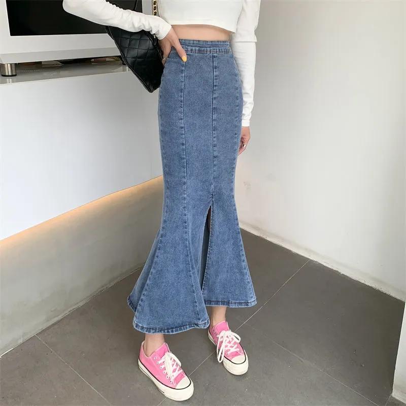 Fishtail Jeans Skirt Women's Summer Niche Slit A-line Skirt Ruffled Denim Midi Skirt High Waist Sexy Tight Denim Jeans Skirt