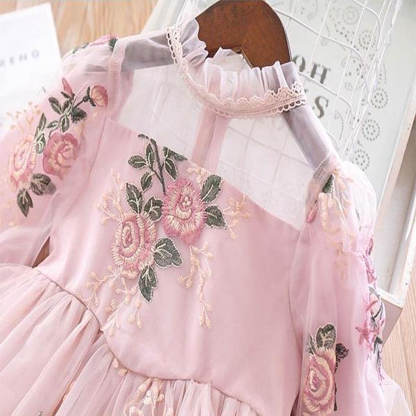 Girls Long Sleeve Dress Flower Embroidered Princess Dress Puff Sleeve Palace Dress Girl Dress