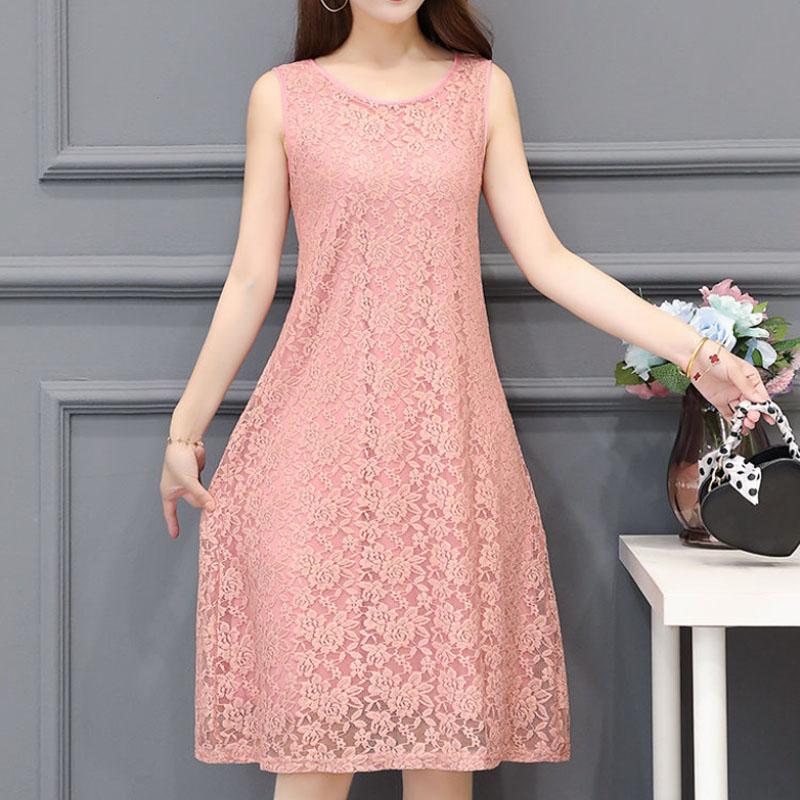 Women Sleeveless Long Skirt Casual Lace Dress Slim Temperament Bottoming Skirt for Youth Summer
