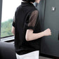 Chiffon Shirt 2022 Summer Black Short-sleeved V-neck Top Cover Belly Plus Size Women's Korean Mesh Blouses V Neck Lapel Tops Pullover Blouse Shirts