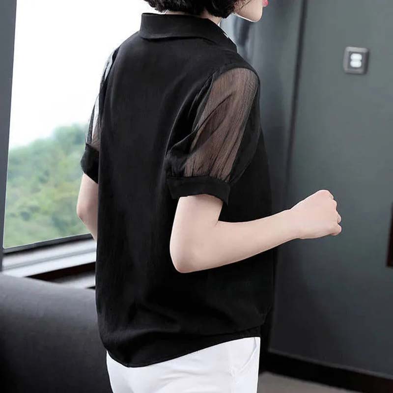 Chiffon Shirt 2022 Summer Black Short-sleeved V-neck Top Cover Belly Plus Size Women's Korean Mesh Blouses V Neck Lapel Tops Pullover Blouse Shirts