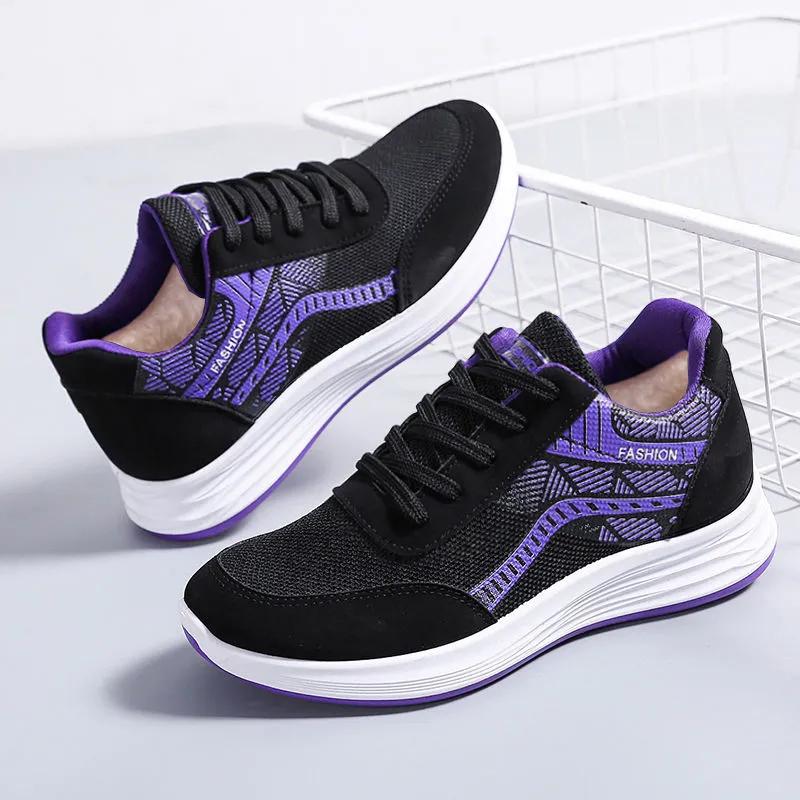 Shoes Women Tennis Sports Shoes Black Mesh Sneakers Fleece Cotton SHoes Fashon Casual Running Shoes Lace Up Non Slip Women Shoes