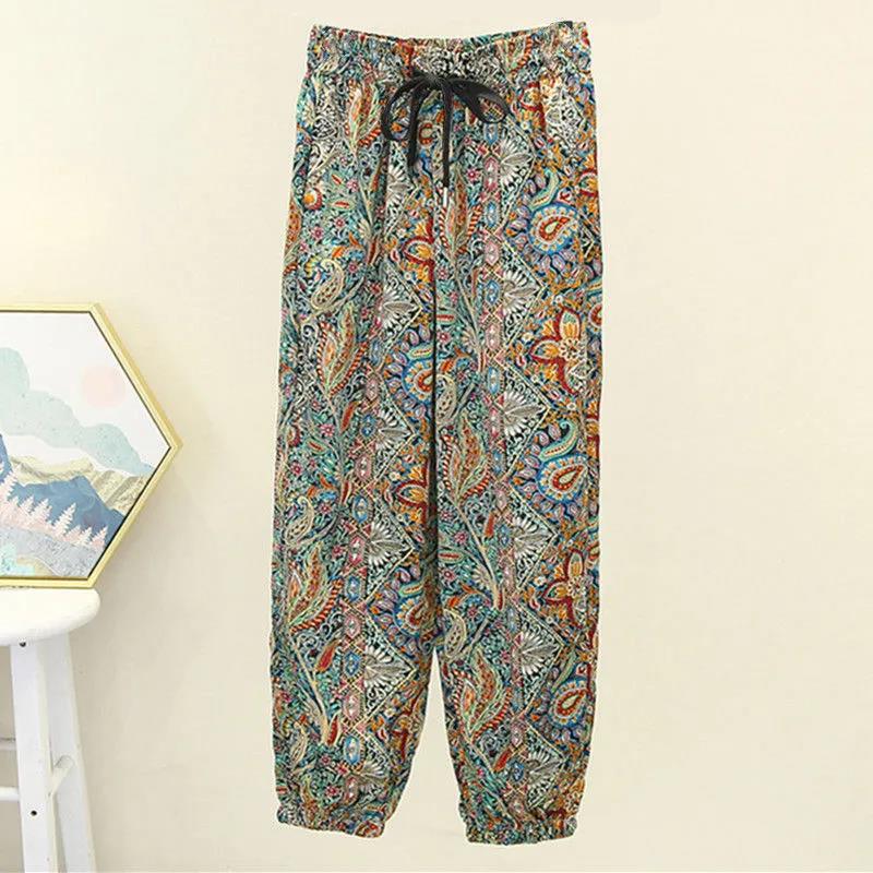 Fried Street Retro Color Casual Pants Summer Thin Drawstring Cropped Pants Straight Harem Pants Trend