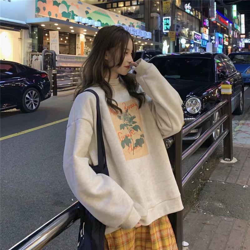 Spring Fall Polyester Flowers Printing Women Sweatshirt Loose O Neck Ladies Chic Female Pullovers