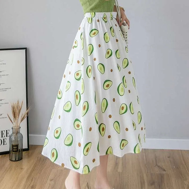 Skirts Womens Female Casual Ankle-length Skirt Summer Loose Thin A-line Skirts High Waist All-match Avocado Print Skirt