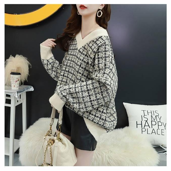 Pofulove Check V-neck Pullover Sweater Women Autumn Winter Loose Wild Long Sleeve Knitted Sweater