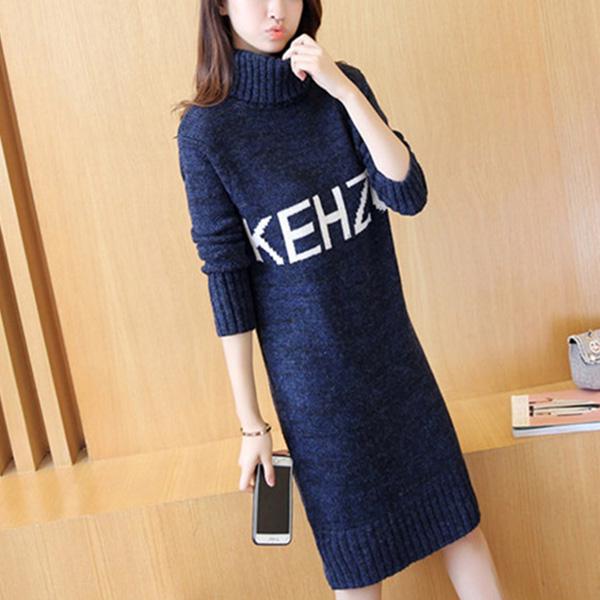 Autumn and Winter Korean Letter Sweater Skirt Thick Bottoming Shirt Mid-length Turtleneck Loose Pullover Sweater Women