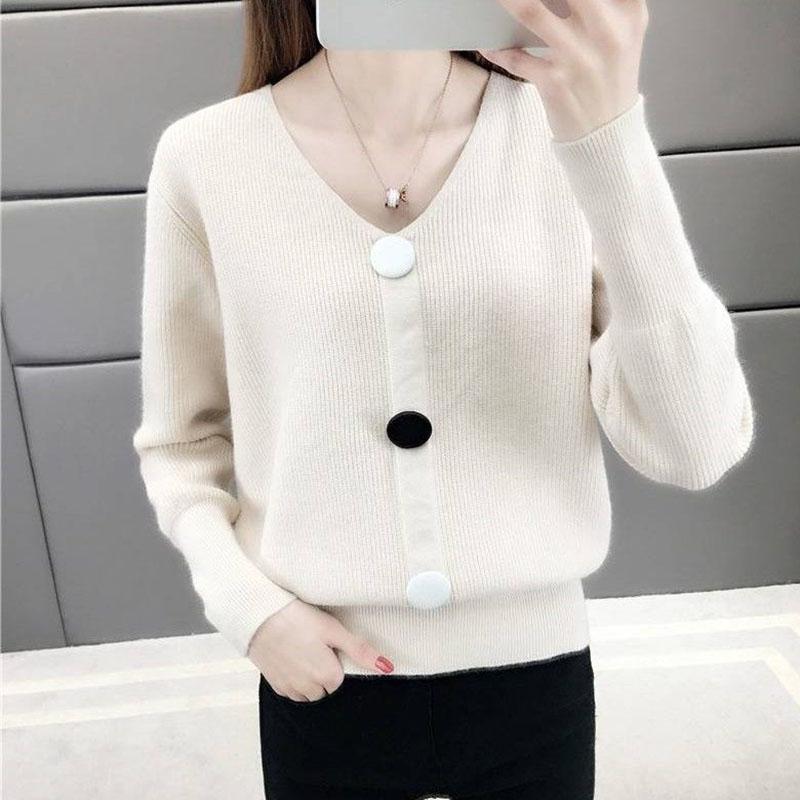 Spring and Autumn V-neck Low-neck Sweater Pullover with Short Bottoming Shirt Casual All-match Female Top