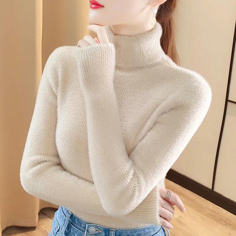 Mink Fleece Sweater Thickened Turtleneck Pullover Winter Warm All-match Knitted Sweater Large Size for Women