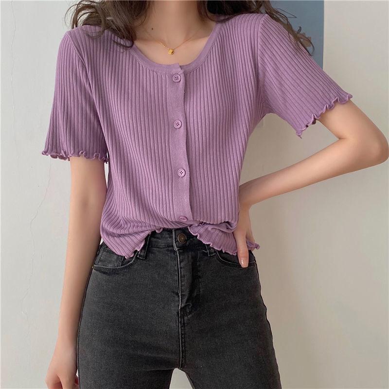 Summer and Autumn Knitted Tops Round Neck Short-sleeved Sweater Cardigan Loose Young Women's Jacket