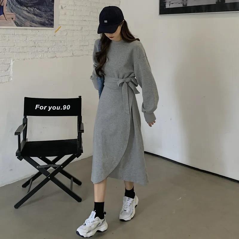 Women Sexy Knitted Dresses Solid Color High Elasticity Irregular Long-sleeved Spring and Autumn Dress