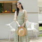 Spring and Summer Plaid Square-neck Dress Slim Lady French Niche Retro Puff Sleeve  Dress