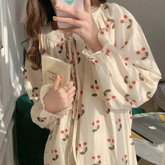 Women's Autumn Winter Pajamas Dress Long Cute Doll Collar Strawberry Printing Sweet Long Sleeve Nightdress Loose Comfortable Homewear